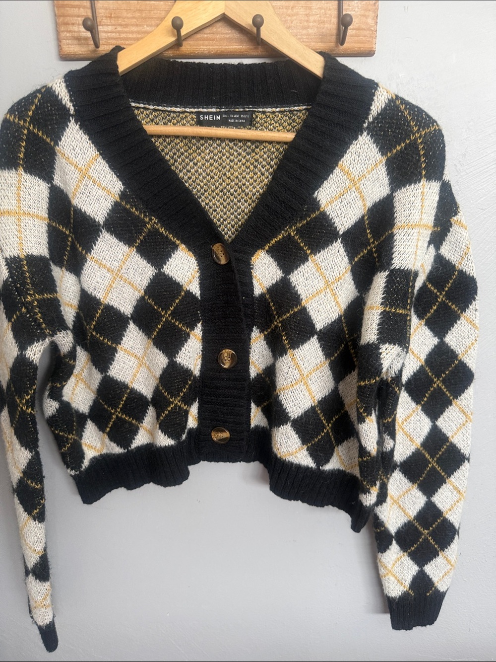 SHEIN Cropped Argyle Cardigan - Large